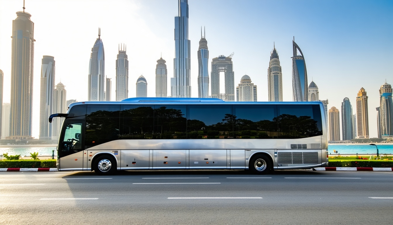 Luxury city tour bus in front of Dubai skyline