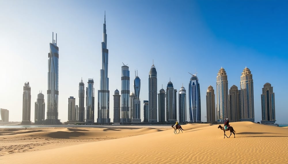 Dubai skyline with iconic Burj Khalifa and desert safari Dubai skyline with iconic Burj Khalifa and desert safari