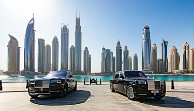 Dubai cityscape with luxury transport and iconic landmarks Dubai cityscape with luxury transport and iconic landmarks